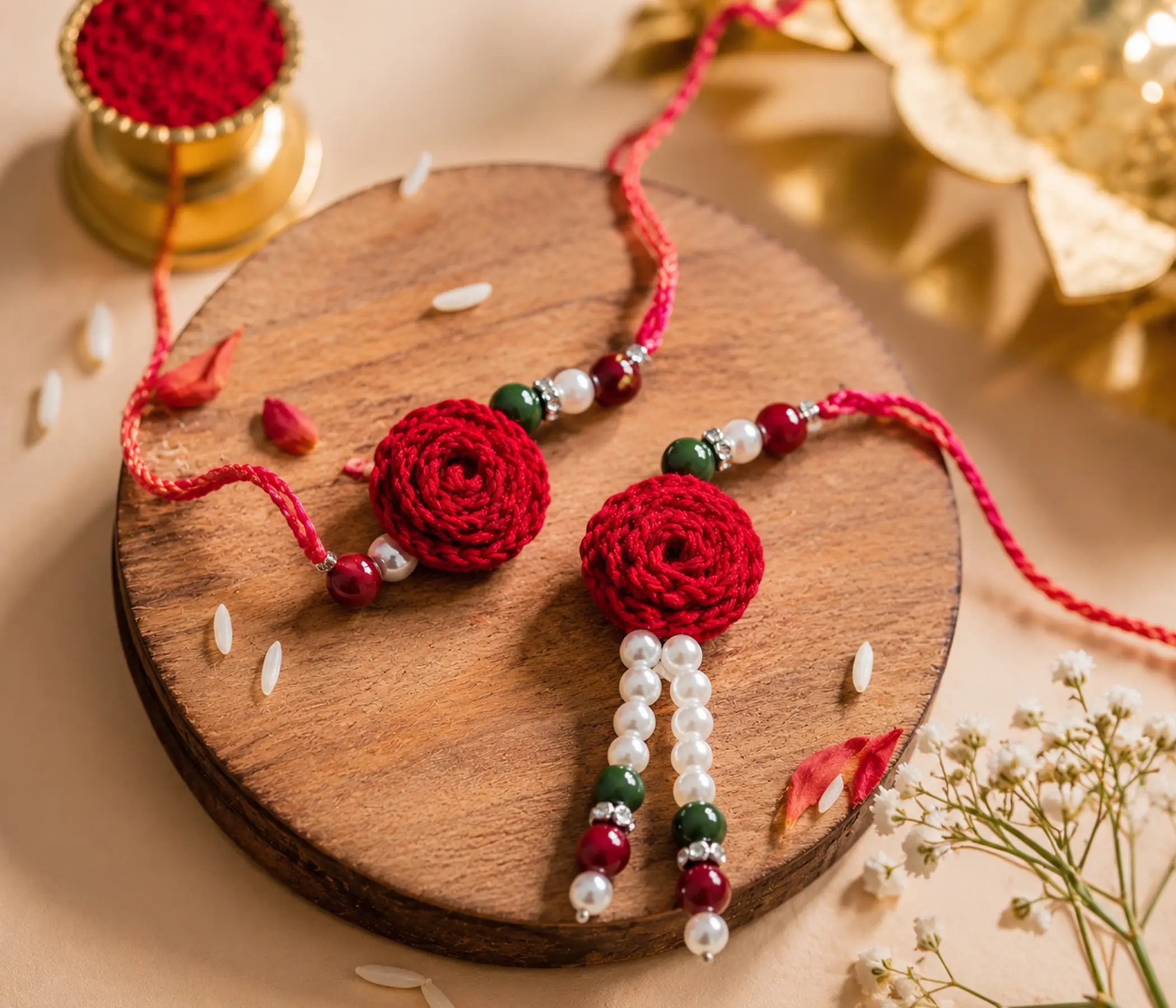 Handmade Crochet Red Floral Rakhi Set for Raksha Bandhan